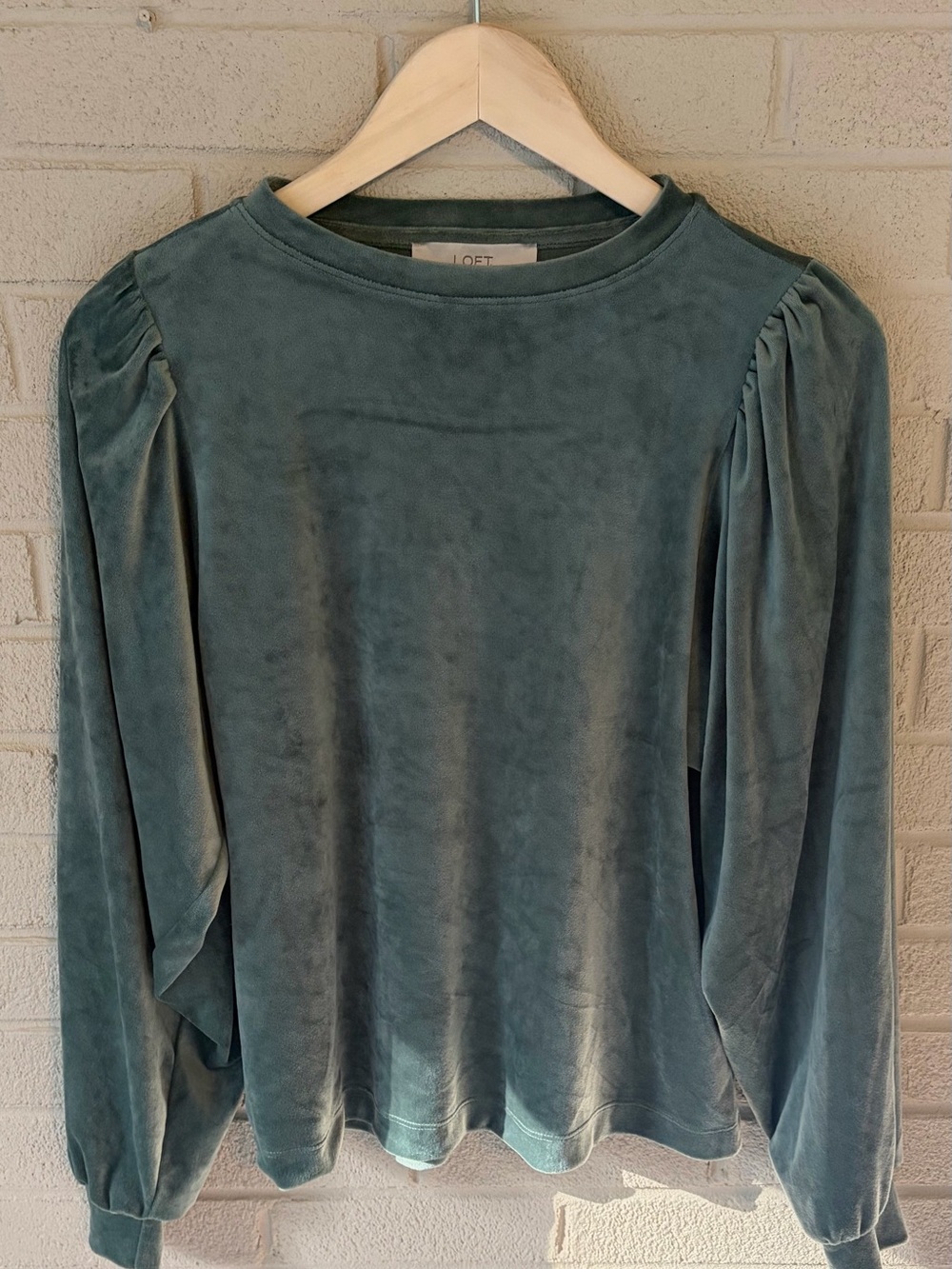 LOFT Sage Green Velour Puff-Sleeve Crewneck Top